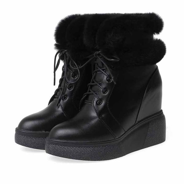 

wedges shoes women's ankle boots cow leather keep warm lace up increased high heels snow boots zapatos de mujer, Black