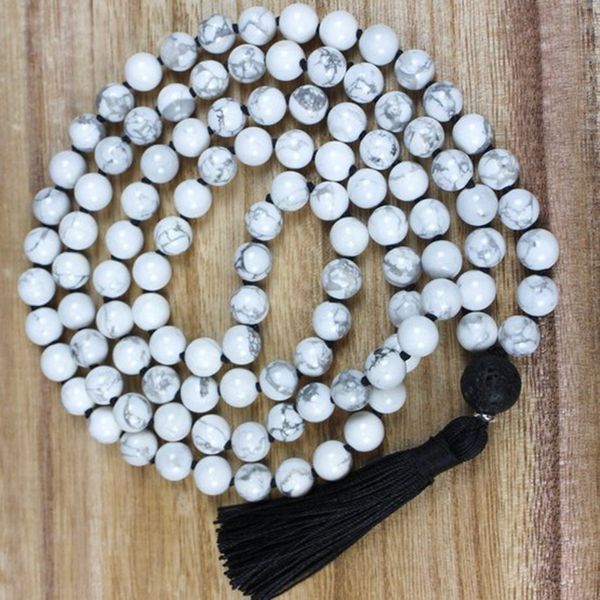 108 Howlith geknotete Mala-Halskette, Lavastein-Anhänger, Perle mit schwarzer Quaste, Halskette, emotional beruhigender Heilschmuck