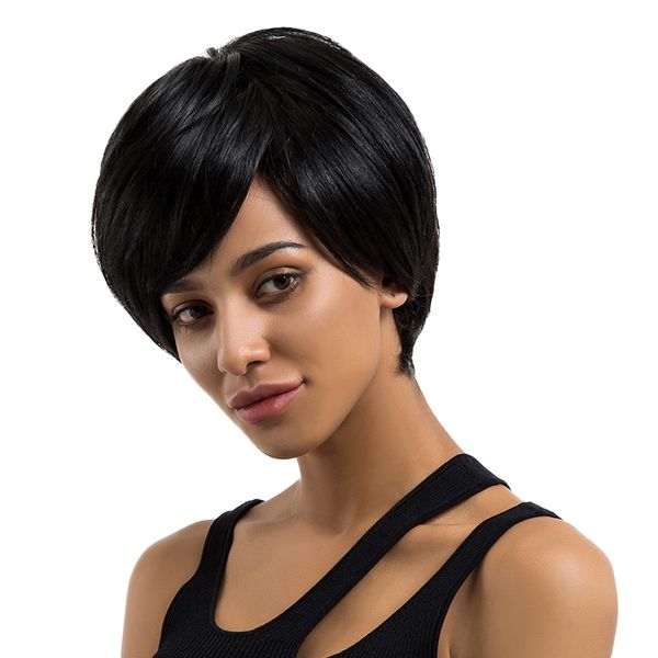 

11 inch black short wig | human hair hairpieces oblique fringe | women daily party wear heat safe