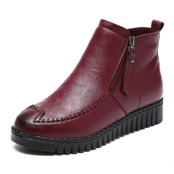 

2020 winter new women's short tube casual ankle boots plus velvet flat bottom soft zipper round head middle and old aged leather, Black