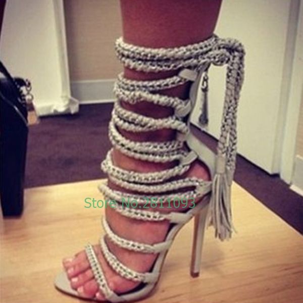 

metal chain gladiator sandals ankle strap crisscross roman open toe women summer sandals thing high heel runway weather shoe, Black