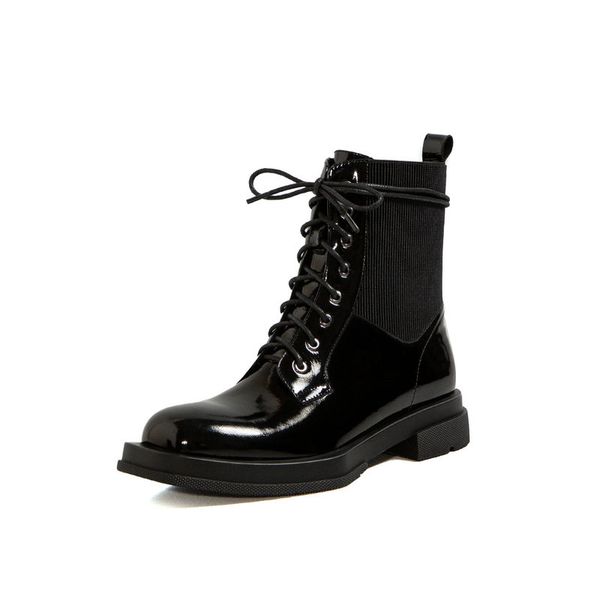 

fashion cross tied ankle boots square toe motorcycle shoes woman 2020 genuine leather patchwork thick low heels boots, Black