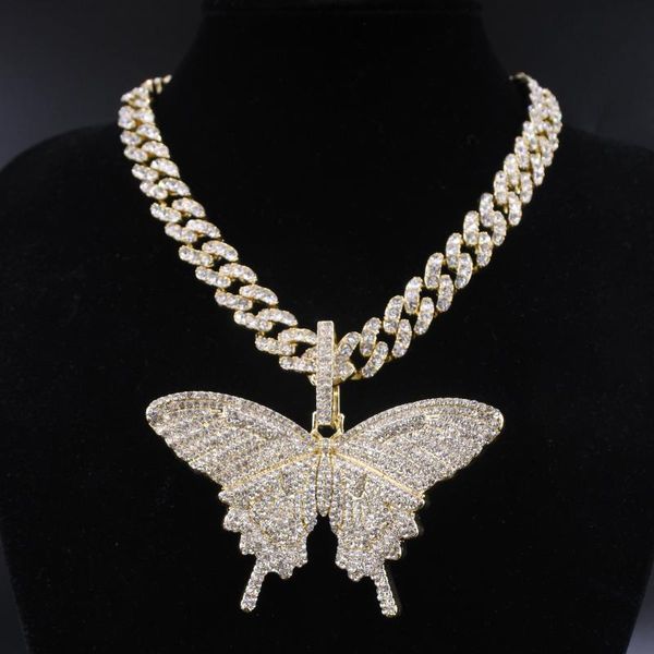 

big size butterfly pendant charm 12mm bubble miami curb cuban chain hip hop necklace rapper gift rock men women jewelry golden, Silver