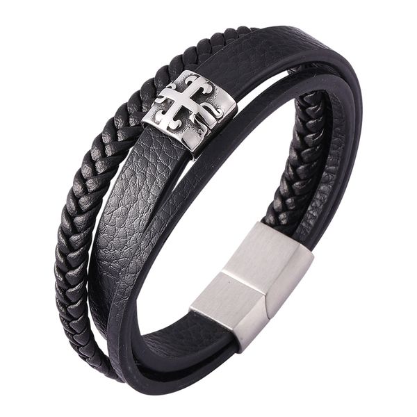 

trendy black multilayer braided leather cross bracelet male s.steel magnet buckle fashion wrap bracelets men jewelry gift c0448, Golden;silver