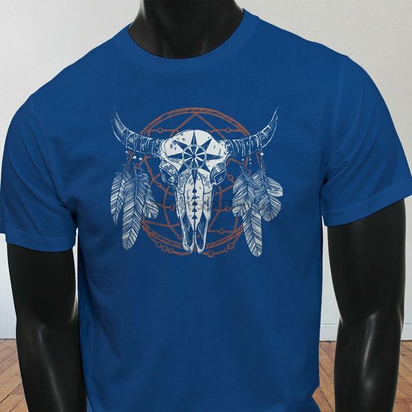 

bull dream catcher skull country cowgirl rodeo mens blue t-shirt