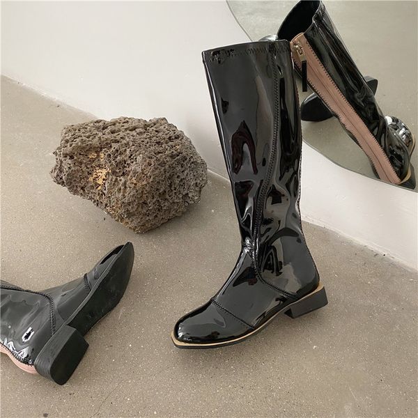 

lady boots women's rubber shoes rain leather booties low heels booties back zip round toe zipper ladies over-the-knee autumn, Black