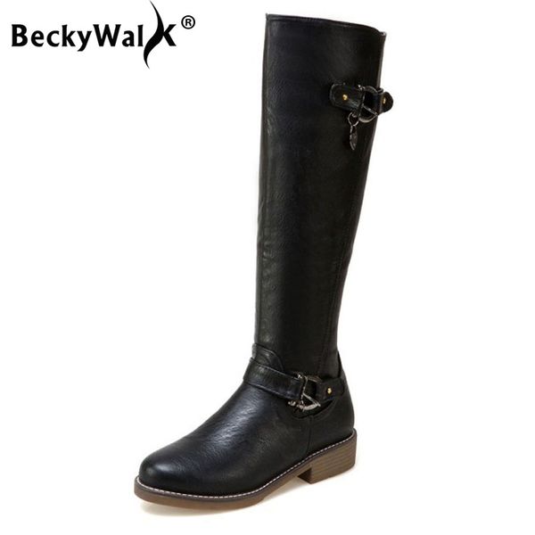 

boots winter women knee high round toe pu leather western low heels casual shoes plus size 35-43 wsh3468, Black