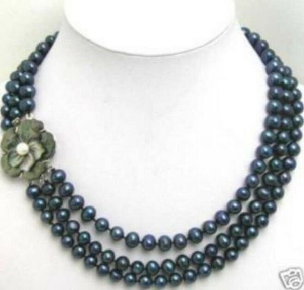 

chains beautiful 3row 7-8mm black pearl necklace flwoer shell clasp, Silver