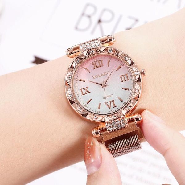 

wristwatches yolako quartz stainless steel band women magnet buckle gradient roma dial watch diamond luxury alloy b40, Slivery;brown