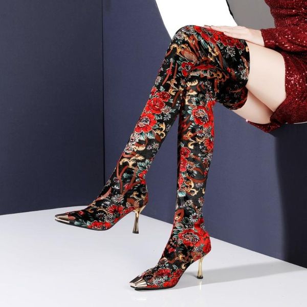 

womens floral printed socks stretchy over the knee boots square metal toe stilettos high heel shoes real leather mixed colors, Black