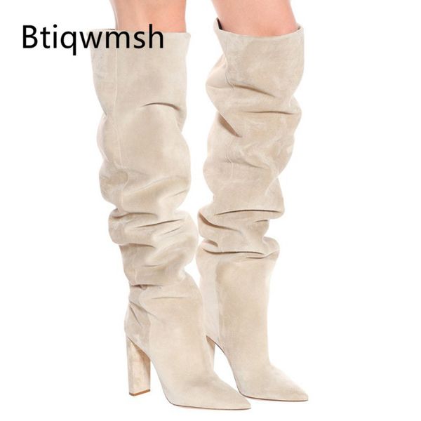 

boots nude leather over the knee women pointed toe high heel female long, Black