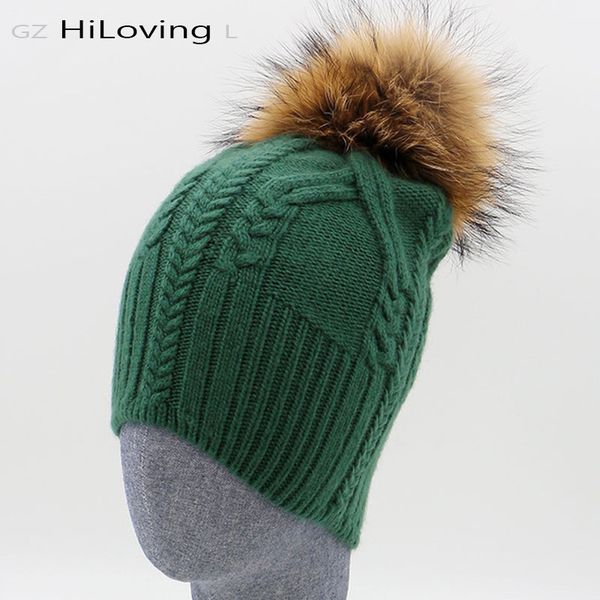 

amazing natural big fur pom pom winter hats for women thick 100% wool female beanies 8 colors girls gorros cap sweater hats, Blue;gray