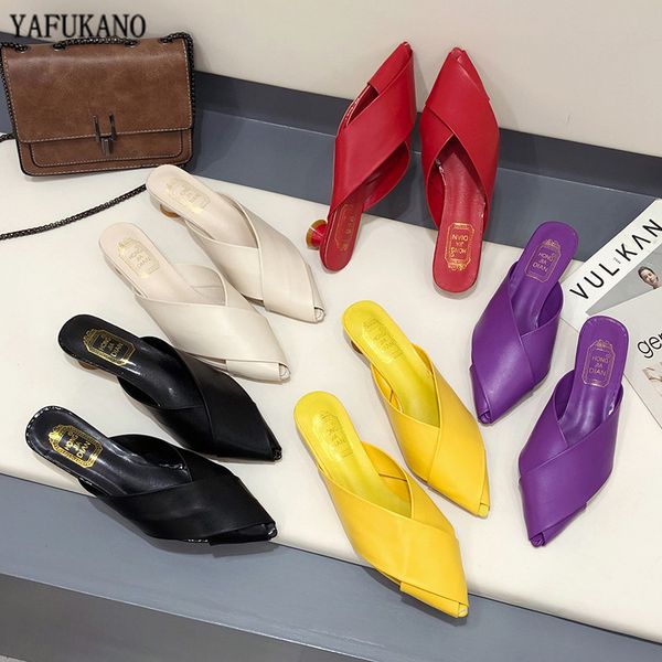 

3cm low heel women slippers 2020 brand design candy colors pointed toe casual slides outdoor beach mules shoes female flip flops, Black