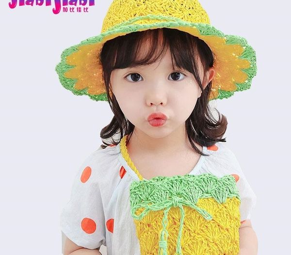 

panama girls straw hat summer children baby sunshade beach hat big brim bow princess sun visor bucket and bag set 2-8 old, Blue;gray