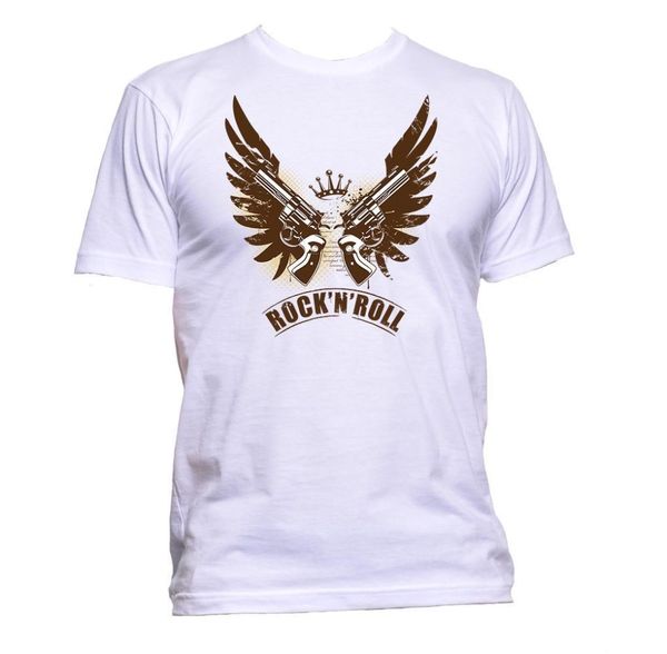 

2019 summer tee shirt rock and roll n wing with pstol and crown t-shirt mens womens fashion fun cotton t-shirt