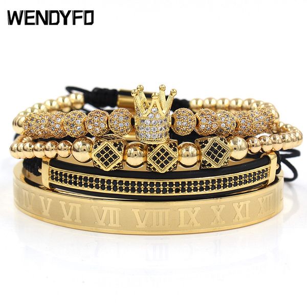 

wendyfo new luxury crown charm bracelet men leather gold color vintage braided adjustable male hip hop jewelry women bracelets, Black