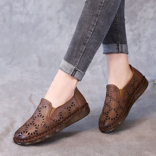 

aardimi retro summer handmade cow leather women flats shoes casual women loafers hollowing oxfords shoes woman, Black