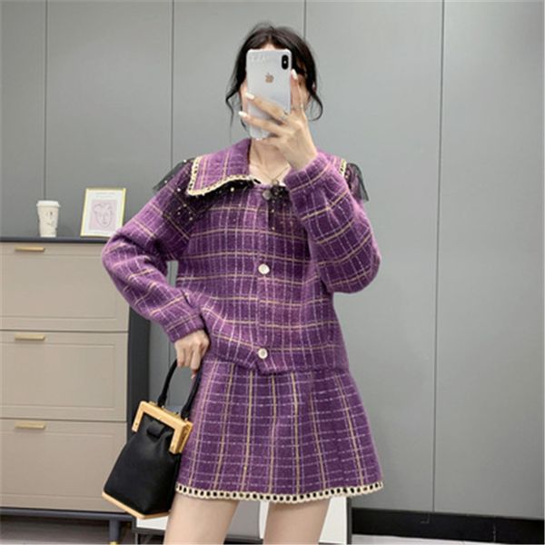 

women's tracksuits early autumn and winter striped plaid imitation mink velvet two-piece fashion temperament ladies small fragrance jac, Gray