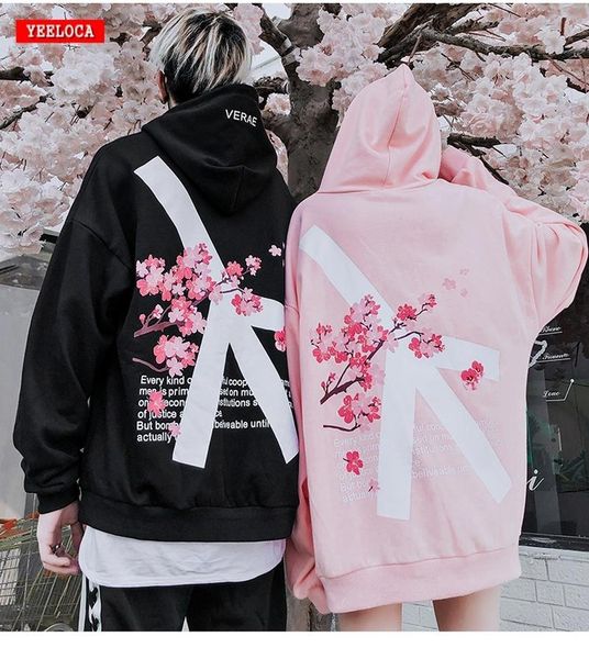 

2019 winter modis cherry blossom print hoodie streetwear hip hop oversize women men cotton sweatshirts retro hoody, Black