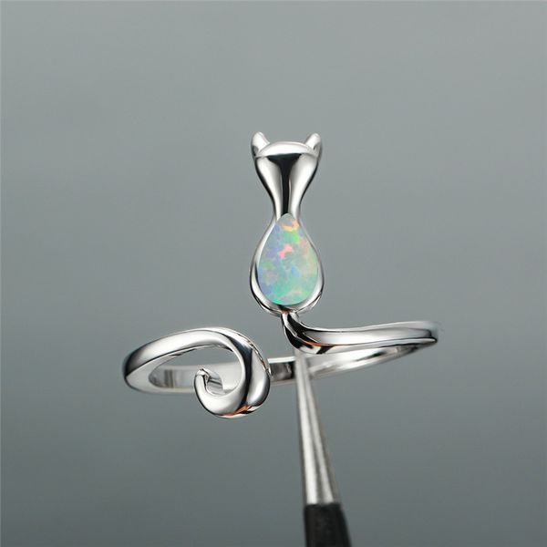 

wedding rings cute female blue white fire opal ring silver color cat promise love adjustable engagement for women, Slivery;golden