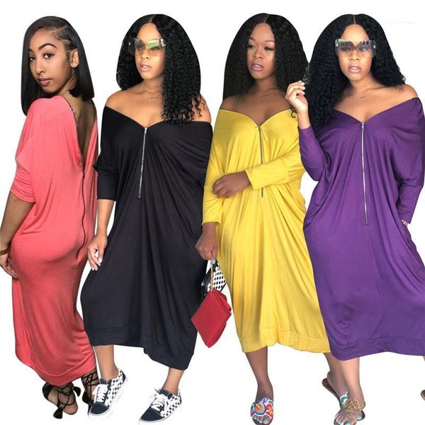 

casual deep v long dress candy color pockets zipper beach summer boho dresses women, Black;gray