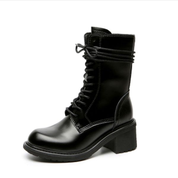 

women's casual boots women's thick heels short boots british retro motorcycle leather, Black