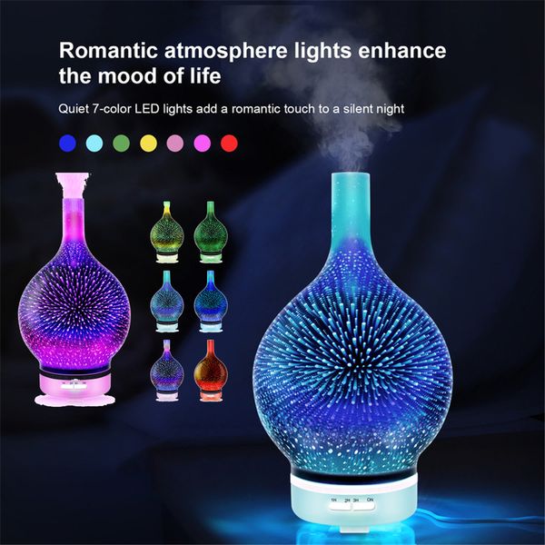 

air humidifier 3d firework glass vase shape with 7 color led night light aroma essential oil diffuser mist maker ultrasonic yjl334