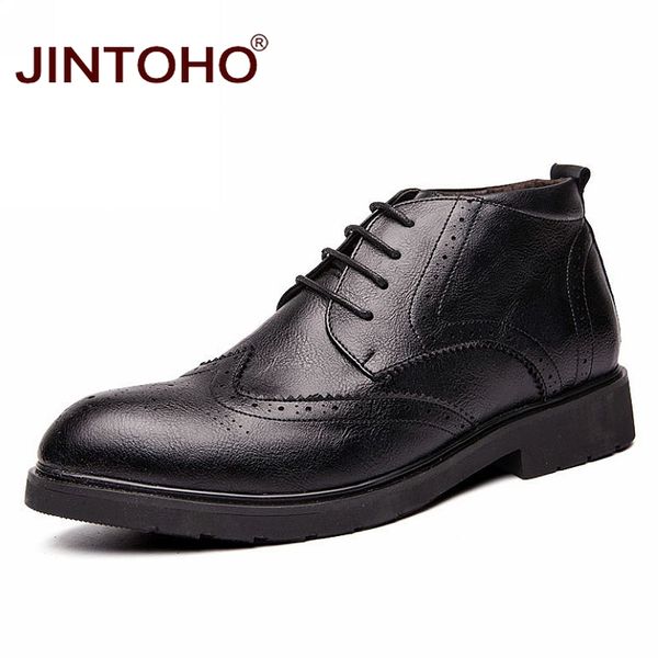 

jintoho fashion men winter shoes casual men leather shoes brand male leather boots breathable ankle boots winter booties, Black