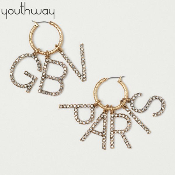 

bling rhinestone paved paris letter charm hoop earrings punk fashion street styling jewelry, Golden;silver