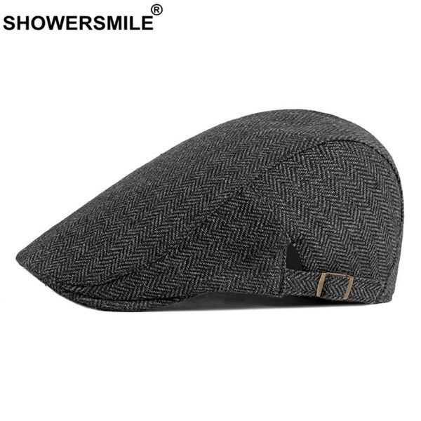

showersmile flat cap mens beret herringbone irish cap british style vintage male adjustable black gray spring autumn cabbie, Blue;gray
