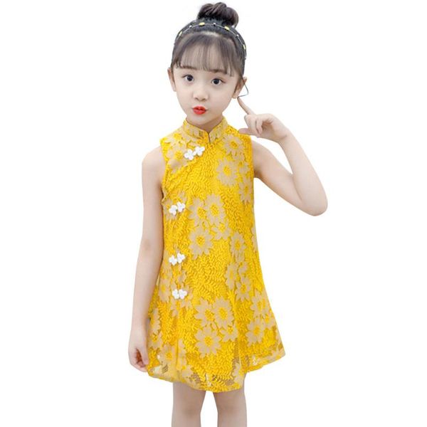 

girls cheongsam dress flower embroidery dress girls sleeveless kids dresses teenage kids costume 6 8 10 12 14, Red;yellow