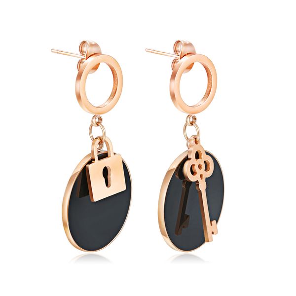 

new ins fashion designer stainless titanium steel circular lock key dangle pendant earrings for women girls rose gold, Golden;silver