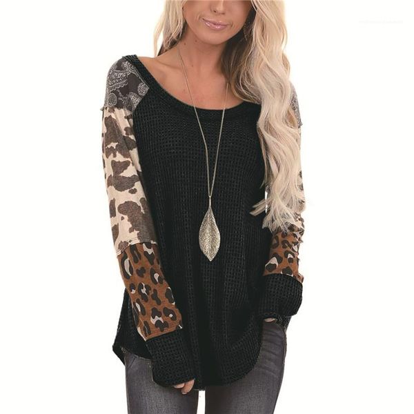 

loose long sleeved crew neck pullover t shirts fashion womens tees panelled womens designer t shirts leopard camouflage waffle casual, White