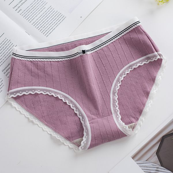 

women's panties cotton briefs striped underpants breathable lace lingerie mid waist womens underwear antibacterial female intimates, Black;pink