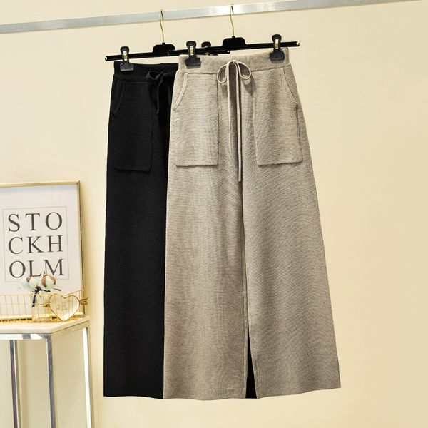 

large size pants for women 2020 new autumn winter fashion loose black wide leg pants loose straight high waist knitted trouser, Black;white