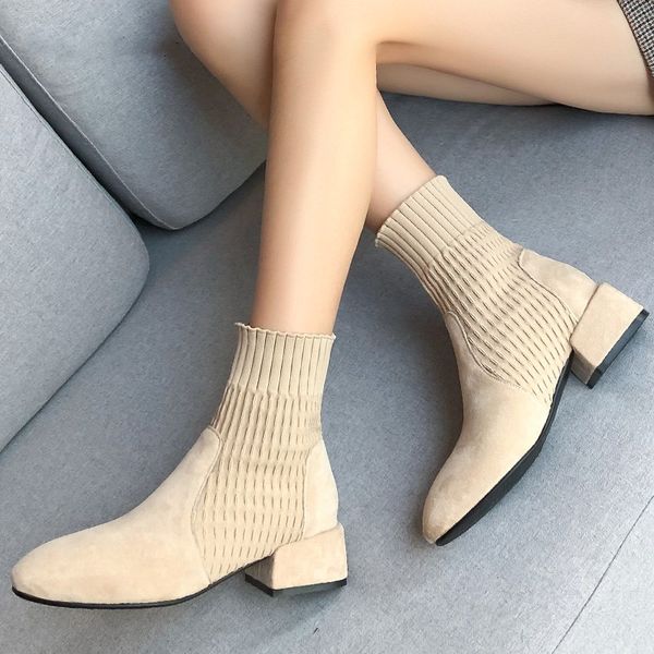 

stretch suede design women ankle boots chunky heels soft flock stretchy cotton knitting comfortable winter booties plus size ladies shoes, Black