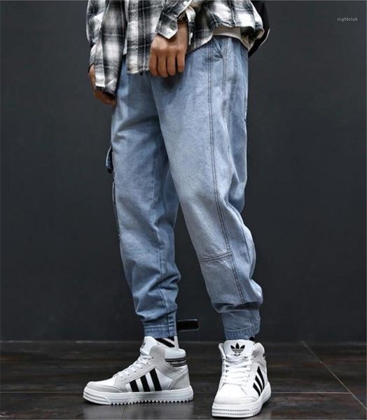

fashion long mens cargo pants with pockets hiphop loose light blue mens jeans