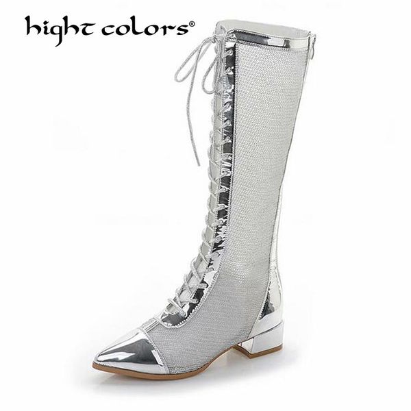 

gladiator high heels women black silver knee high boots, zip pointed toe lace up summer shoes woman motorcycle boots 7392