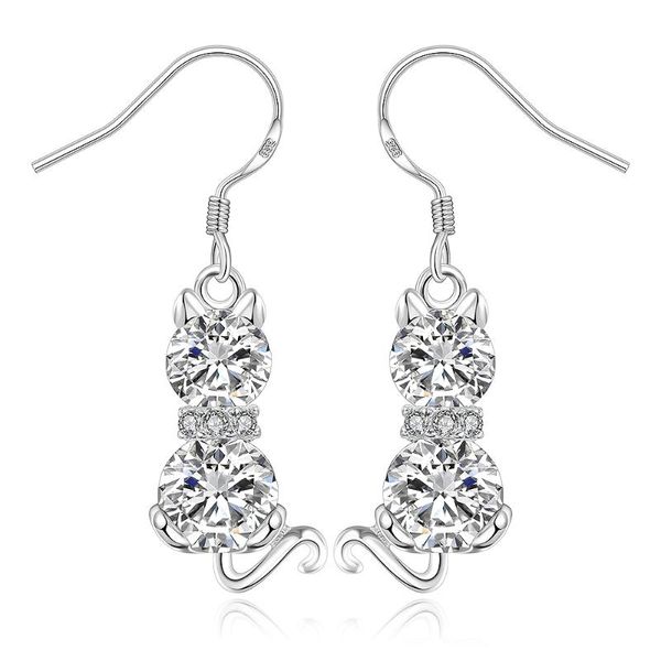 

dangle & chandelier double stones kitten cat shape earring fashion silver plated wedding jewelry women's long earrings pendientes bijou