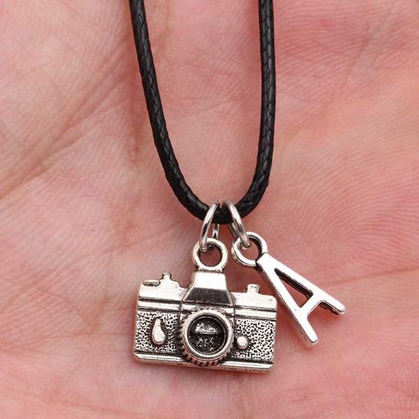 

a-z letter digital camera diy tibetan silver color pendant black leather necklace handmade fashion jewelry for men women gift