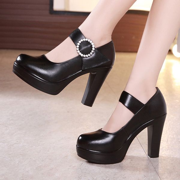 

2020 round head shallow mouth show high heels thick with waterproof platform word buckle cheongsam shoes, Black