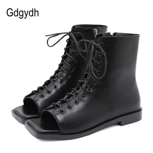 

boots gdgydh lace up ladies ankle flat heel 2021 fall european shoes for women black punk open toe comfort shoe high quality