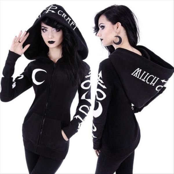 

women witchcraft long sleeve gothic hoodie altar sweatshirt 2020 new autumn winter letter zipper hooded coat punk s 2xl, Black