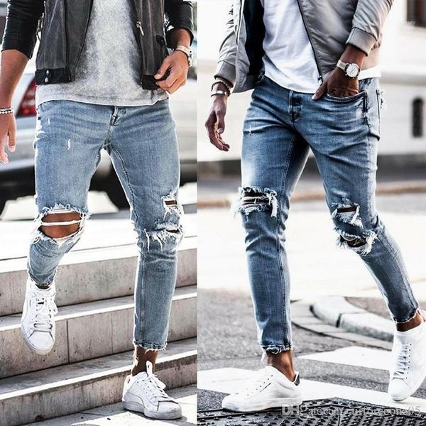 

long pencil pants mens spring new ripped jeans denim blue holes hombres street clothing casual