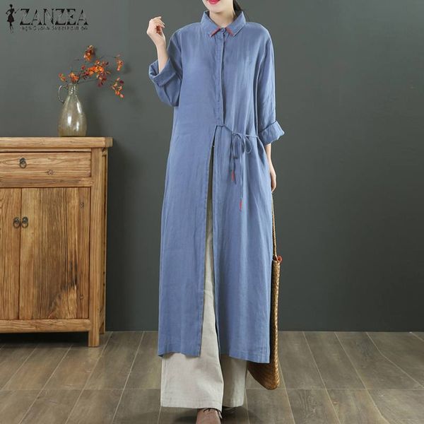 

women's blouses & shirts 2021 autumn solid long vestidos zanzea casual lace up blouse women lapel sleeve tunic blusas female kaftan 5x, White