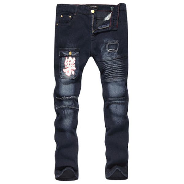 

man stretch motorcycle jeans fashion trend hole embroidery fold zipper denim pants designer male new low waist casual slim jeans, Blue