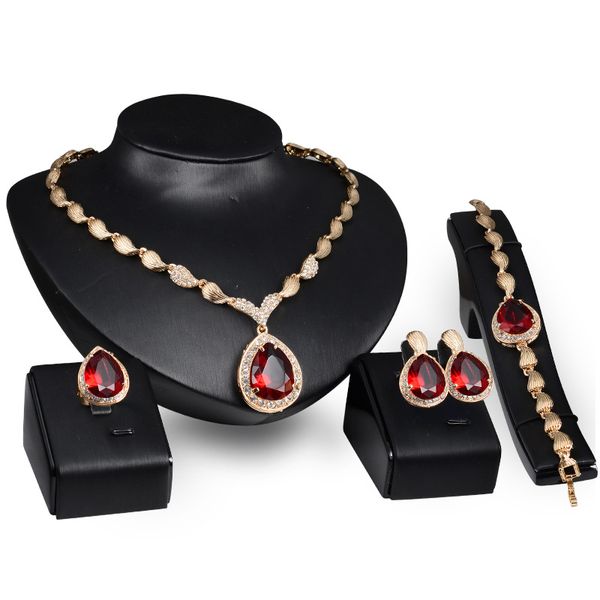 

hc vintage water drop red gem crystal jewelry sets for women wedding necklace earrings bangle ring bridal set jewelry f, Silver