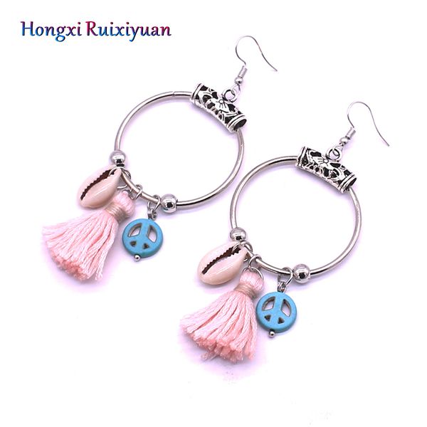 

vintage earrings bohemian shell natural stone crystal alloy flower earrings & ear hook tassel round lady jewelry, Silver