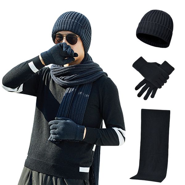 

winter beanie hat scarf gloves three-piece set women men touch screen gloves outdoor warm velvet knitted beanie hats sets, Blue;gray