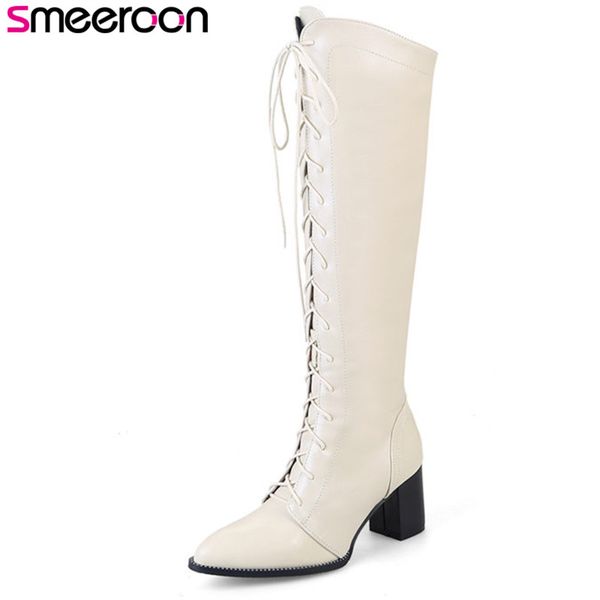 

boots smeeroon zip+cross tied high heels knee autumn winter pointed toe women party shoes big size 33-43, Black